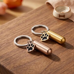 Op de afbeelding: Twee cilindervormige metalen urn-sleutelhangers, &eacute;&eacute;n in goudkleur en &eacute;&eacute;n in ros&eacute;goudkleur. Elke sleutelhanger is voorzien van een zilveren ring en een kleine bedel in de vorm van een pootafdruk met zwarte emaille details op de tenen.