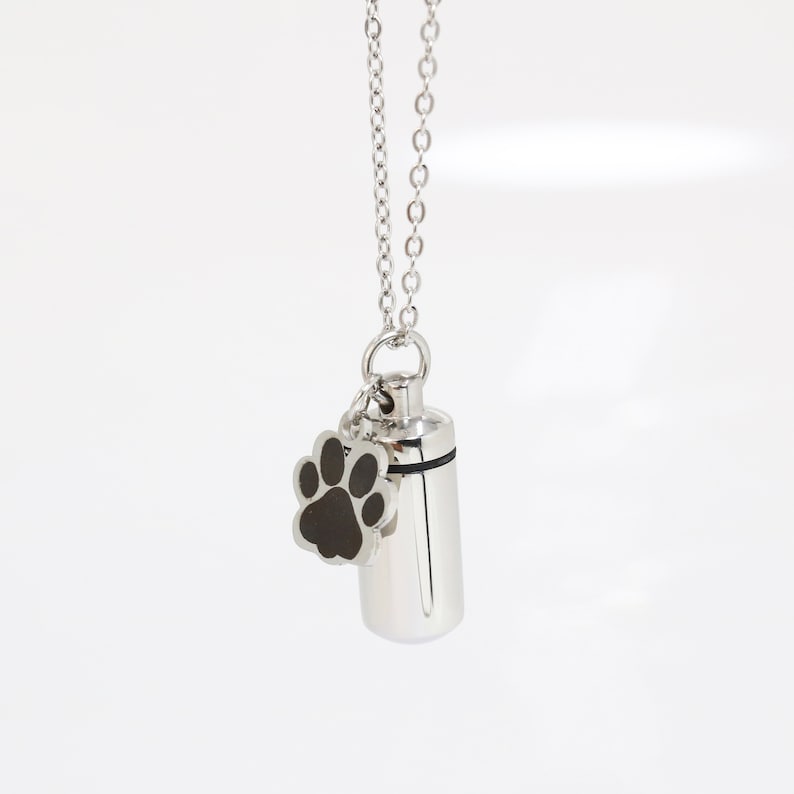Op de afbeelding: Een zilverkleurige cilindervormige hanger aan een ketting met een kleine, bungelende bedel in de vorm van een pootafdruk. De pootafdrukbedel heeft een zwart midden en de hanger hangt aan een fijne zilverkleurige ketting met ronde schakels.