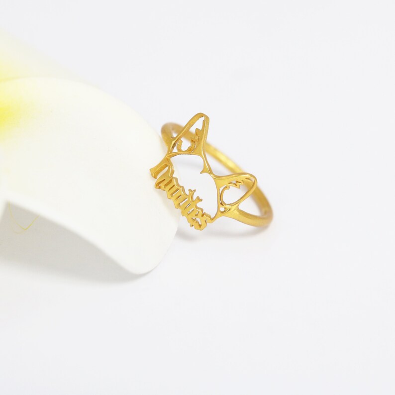 K&ouml;nnte beinhalten: Ein goldfarbener Ring mit einem ausgeschnittenen Design in Form einer Katzenkopf-Silhouette. Die Katzenohren sind spitz und der untere Teil der Ringvorderseite enth&auml;lt das Wort "Amities" in einer kursiven Schriftart. Die Ringschiene ist d&uuml;nn.