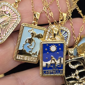 Tarot card charms,Gold,Tarot Halskette,Tarot Necklace,mystic,Wiccan,The Wheel,The Moon,The Magician,The Star,18k Gold Plated,Sun,Lastella