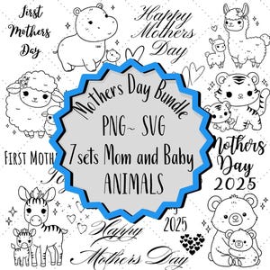 Maman & bébé animal SVG PNG Bundle, mignon maman bébé animaux clipart, mère et bébé tigre hippopotame chat Lama Svg animal, fête des mères Svg Png Bundle