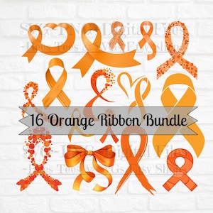 May include: A bundle of 16 orange ribbon designs. The ribbons are in various styles, including a heart, a bow, and a traditional ribbon shape. The ribbons are all orange and have a watercolor effect.
