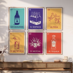 Loteria Mexicana Prints Mexico Bar Cart Prints Vintage Cocktail Posters Mexico Decor Bar Tequila gift Mezcal gift Caguama Michelada Set of 6