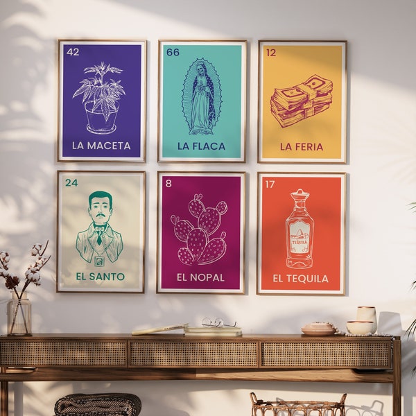 Mexican loteria prints set of 6 El nopal La feria El tequila El santo La muerte Loteria designs Mexican wall art Retro vintage art prints