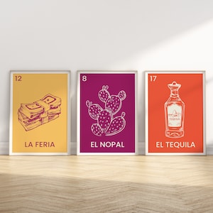 Stampe loteria messicana set di 3 El nopal La Feria El tequila Loteria disegni Arte della parete messicana Stampe d'arte vintage retrò Poster Latinx chola