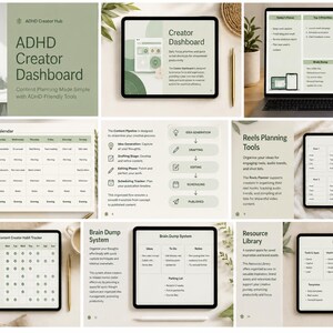May include: A digital ADHD Creator Dashboard template set featuring a content calendar, reels planner, habit tracker, brain dump system, and resource library displayed on tablets and a laptop screen with sage green and off-white color schemes.