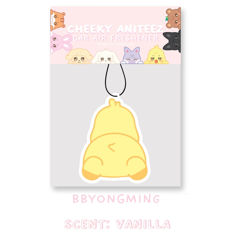 May include: A yellow cartoon chick car air freshener with the text "CHEEKY ANITEEZ CAR AIR FRESHENER" and "BBYONGMING" and "SCENT: VANILLA" on the packaging.