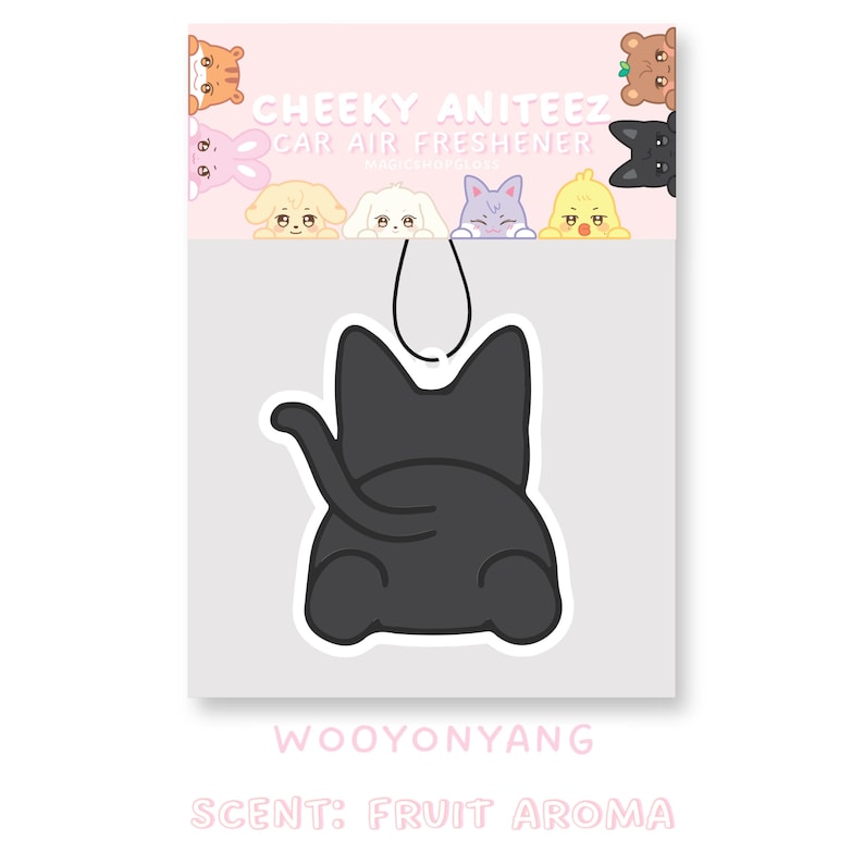 May include: Black cat car air freshener with the text "CHEEKY ANITEEZ CAR AIR FRESHENER WOOYOONYANG" and "SCENT: FRUIT AROMA" on a pink and white background.