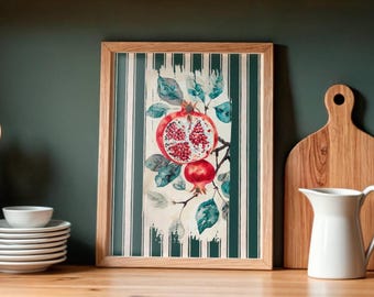 Vintage Pomegranate Art Print,Retro Fruit Print,Pomegranate Painting PRINTABLE WallArt,Modern Farmhouse Print,red Kitchen wall art