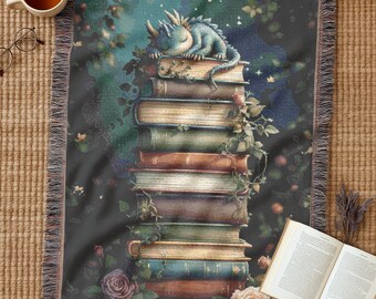 Dragon book Woven Blanket, Castlecore Forest Tapestry, Book Lover Blanket, Reading Nook Decor, bookish Cozy Throw, Fantasy gift for bookworm