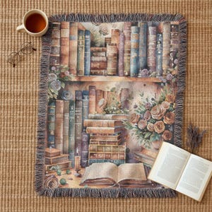 Floral Book Shelf bookish Woven Blanket, Cottagecore Book Tapestry, book Reading Throw Gift,Fantasy Lover Wall Hanging decor, booklover gift