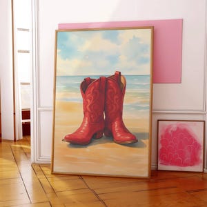 Coastal cowgirl red boots wall art, beach cowgirl poster, coastal western room prints, western college dorm decor aesthetic, western lover