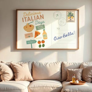Vintage Italy stamp art, travel postcards poster, italian language "Ciao Bella" Stamp print, Gift for Italy Lover, Italy souvenir printable