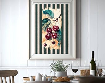 Vintage Cherry Art Print,Retro stripes cherries wall art, summer Fruit art Print,red cherry plant, rustic kitchen painting, Farmhouse decor