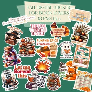 Può includere: Una collezione di adesivi digitali a tema autunnale per gli amanti dei libri. Gli adesivi presentano illustrazioni di libri, zucche, caffè, una strega, un fantasma e una volpe. Il testo include frasi come "Pumpkin Spice & Paperbacks" e "Books are my cozy place."