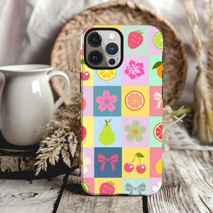 Retro Style Pastel Checkered Fruit Tough Case iPhone Samsung Google Pixel,cute iphone casing,coquette aesthetic lemon phone case, preppy