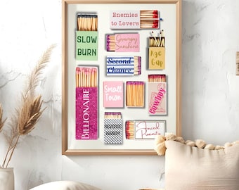 book trope matchbook poster,Romance Novel, Match Box Poster Enemies to Lovers Forced Proximity Slow Burn Print Bookish Wall Art Printable