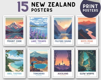 Set mit 15 Neuseeland-Postern – Neuseeland – Einzigartiges Geschenk für Reisende – Retro-Poster, flaches Design, Neuseeland-Poster