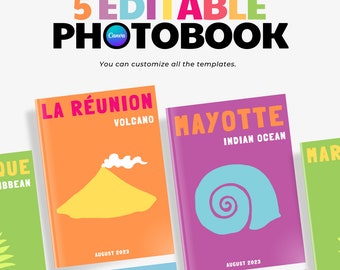 5 livres photo de voyage | photobook, livres décoratifs, modèle d'ebook Canva, Assouline-style book, DOM TOM collection,