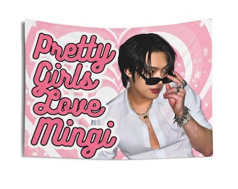 Ateez Mingi wit shirt Pretty Girls-banner, Ateez-leden Kpop-vlag, Ateez 2025-tourmerchandise, cadeau-ideeën Atiny, verjaardagscadeau en concertmerchandise