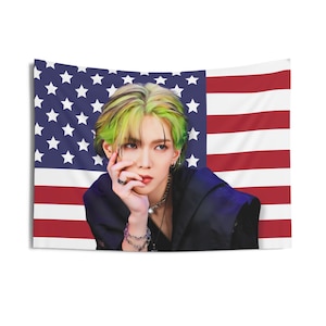 Ateez Yeosang Green Hair America Flag, Ateez Yeosang Kpop Flag, Ateez Tour 2024 Merch, Gift Ideas for Atiny, Birthday Gift & Concert Merch