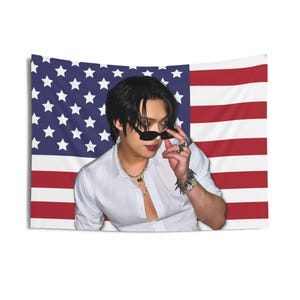 Ateez Mingi White Shirt America Flag Banner, Ateez Members Kpop Flag, Ateez Tour 2025 Merch, Gift Ideas Atiny, Birthday Gift & Concert Merch