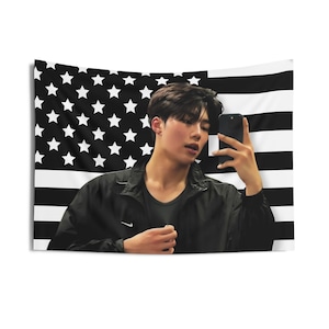 ZB1 Gunwook Gym Selfie Black America Flag, Zerobaseone Members Custom Kpop Flag, ZB1 Merch, Gift Ideas Zerose, Birthday Gift & Concert Merch