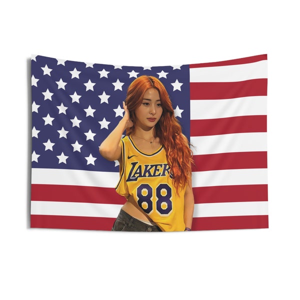 Le Sserafim Yunjin America Flag Banner, Le Sserafim Yunjin Lakers Kpop Flag Tapestry, Le Sserafim Kpop Merch Decor, Gift Ideas for Fearnot