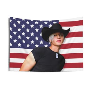 Ateez Wooyoung Cowboy Hat America Flag Banner, Ateez Members Kpop Flag, Ateez Tour 2025 Merch, Gift Ideas Atiny, Birthday Gift Concert Merch