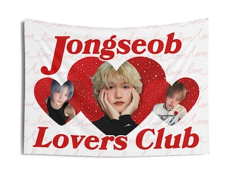 May include: White tapestry with the text "Jongseob Lovers Club" in red. The tapestry features three images of a person inside red heart shapes. The background has the word "love" repeated.