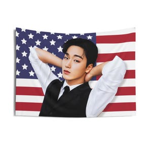 Ateez San Suit America Flag Banner, Ateez Tour 2024 Kpop Flag, San Ateez Members Merch, Gift Ideas for Atiny, Birthday Gift & Concert Merch