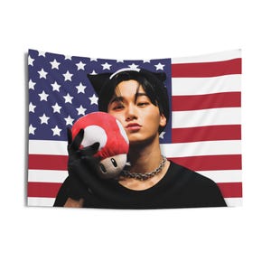 Ateez San Plushy America Flag, Ateez San Cute Kpop Flag, Ateez Tour 2024 Merch, Gift Ideas for Atiny, Birthday Gift & Concert Merch