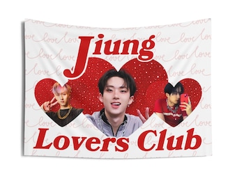 May include: A white tapestry featuring three images of people inside red heart shapes. The word "Jiung" is in large red letters above the hearts, and "Lovers Club" is below. The background has a repeating "love" pattern.
