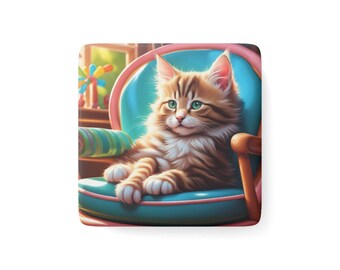 Norwegian Forest Kitten Porcelain Magnet, Square