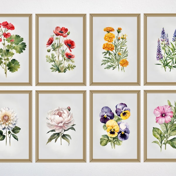 Natural Botanical Posters, Watercolor Flowers Prints, Gallery wall Set of 8, Botanical Wall Art, Botanical Prints, Floral Prints