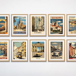 May include: A collage of ten vintage travel posters featuring iconic landmarks and cities around the world. The posters are framed in wood and have a retro aesthetic. The cities featured are Naples, Barcelona, Vienna, Krakow, Stockholm, Valletta, Lisbon, Berlin, London, and Prague.