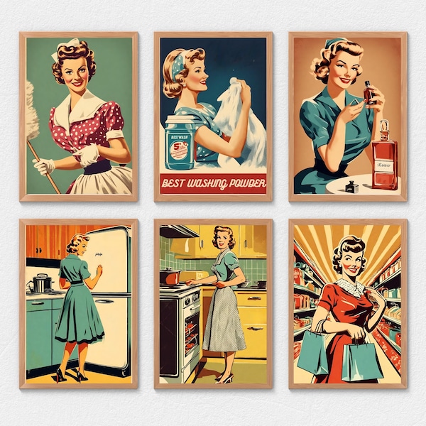 Affiche vintage Housewifes, Ensemble de 6, années 50, Affiche numérique, Style rétro, Galerie Wall Art, Impression sur cadre, Décoration artistique, Décoration intérieure
