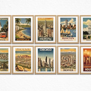 Carteles de viajes retro, ciudades de EE. UU., Cartel vintage, Arte de pared de galería, Conjunto de 20, Descarga digital, Arte de pared, Decoración del hogar, Arte de pared imprimible