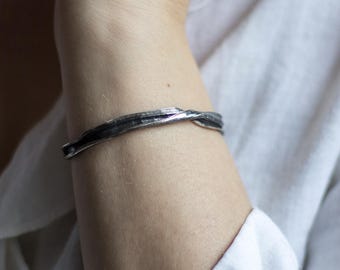 Handmade Silver Bracelet, Textured Botanical Nature Cuff, Adjustable Sterling Silver Jewelry