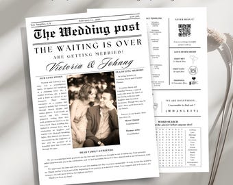 May include: A wedding program designed as a newspaper, titled "The Wedding Post." The headline reads "The Waiting is Over, Are Getting Married!" with the names "Victoria & Johnny." Includes wedding details, a love story, and a word search.