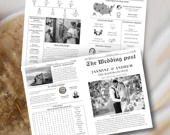 May include: A black and white wedding program template titled The Wedding Post, featuring sections for a timeline, love story, guest travel map, and word search. The layout includes placeholders for photos of a couple, text, and wedding details.