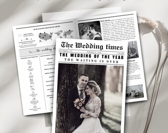 May include: A black and white newspaper style wedding program template with the headline "The Wedding of the Year" and a photo of the bride and groom. The program includes a wedding day timeline, a map of where guests traveled from, and a love story section.
