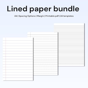 Puede incluir: Tres hojas de papel blanco con líneas azules, apiladas. El texto "Lined paper bundle" está en la parte superior, con detalles sobre las características del papel. El papel está diseñado para tamaño A4, con opciones de espaciado, márgenes y es imprimible en formato PDF.