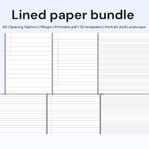 Peut inclure: Un ensemble de modèles de papier ligné blanc avec le texte "Lined paper bundle". Les modèles incluent le format A5, des options d'espacement, des marges et sont des PDF imprimables. L'ensemble propose 32 modèles en orientation portrait et paysage.