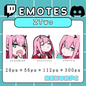 May include: Three animated emotes featuring a pink-haired anime character with different expressions. The emotes are labeled "ztwoBleh", "ztwoChuu", and "ztwoSip". The emotes are 28px, 56px, 112px, and 300px in size. The text "NEKUNPC" is at the bottom of the image.