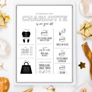 EDITABLE First Birthday Milestone Sign, Modern 1st Birthday Milestone Poster, One Year Photo Baby Milestone Board, Printable Canva Template