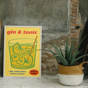 Gin & Tonic cocktail alcohol pop art illustration print poster kitchen home bar wall decor retro art vintage style digital download trending