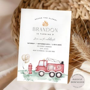 Convite de aniversário de caminhão de bombeiros, modelo de convite para festa infantil de caminhão de bombeiros editável, aniversário de bombeiro para meninos de qualquer idade, download instantâneo