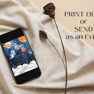May include: A digital invitation for a baby shower with a space theme. The invitation features planets, stars, and a rocket ship. The text on the invitation reads "Houston, we have a boy!" and includes the date and time of the event.