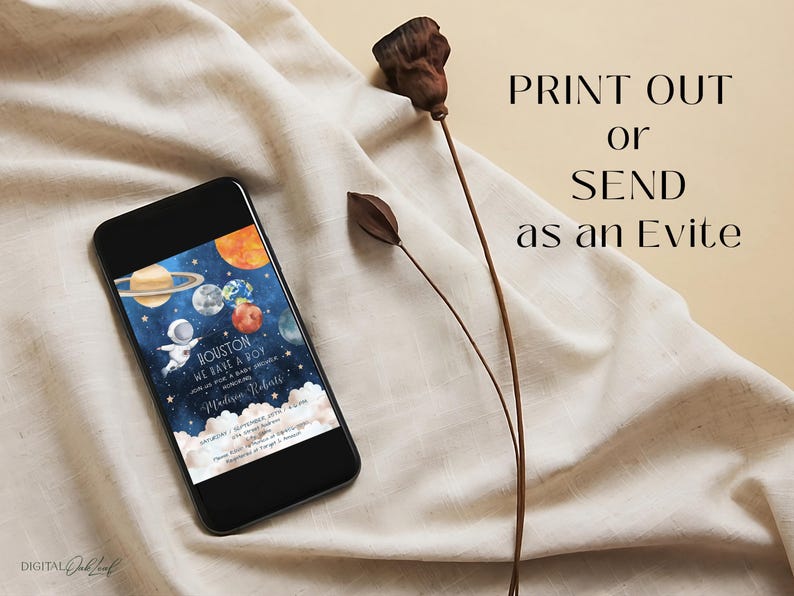 May include: A digital invitation for a baby shower with a space theme. The invitation features planets, stars, and a rocket ship. The text on the invitation reads "Houston, we have a boy!" and includes the date and time of the event.